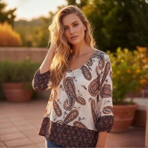 Lucky Brand Cream Paisley V-Neck Semi Sheer Tunic with Navy Trim